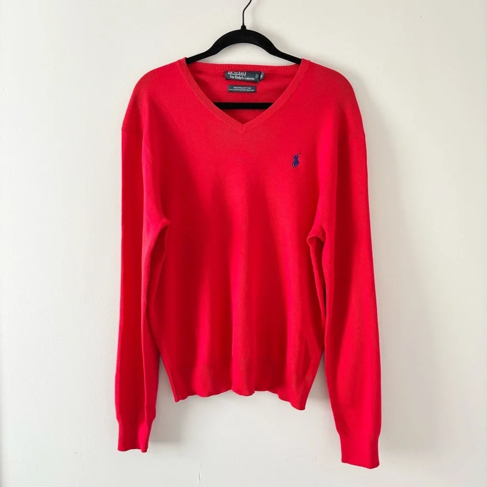 Polo Ralph Lauren V-Neck Sweater Pima Cotton Lightweight Ribbed Trim Red